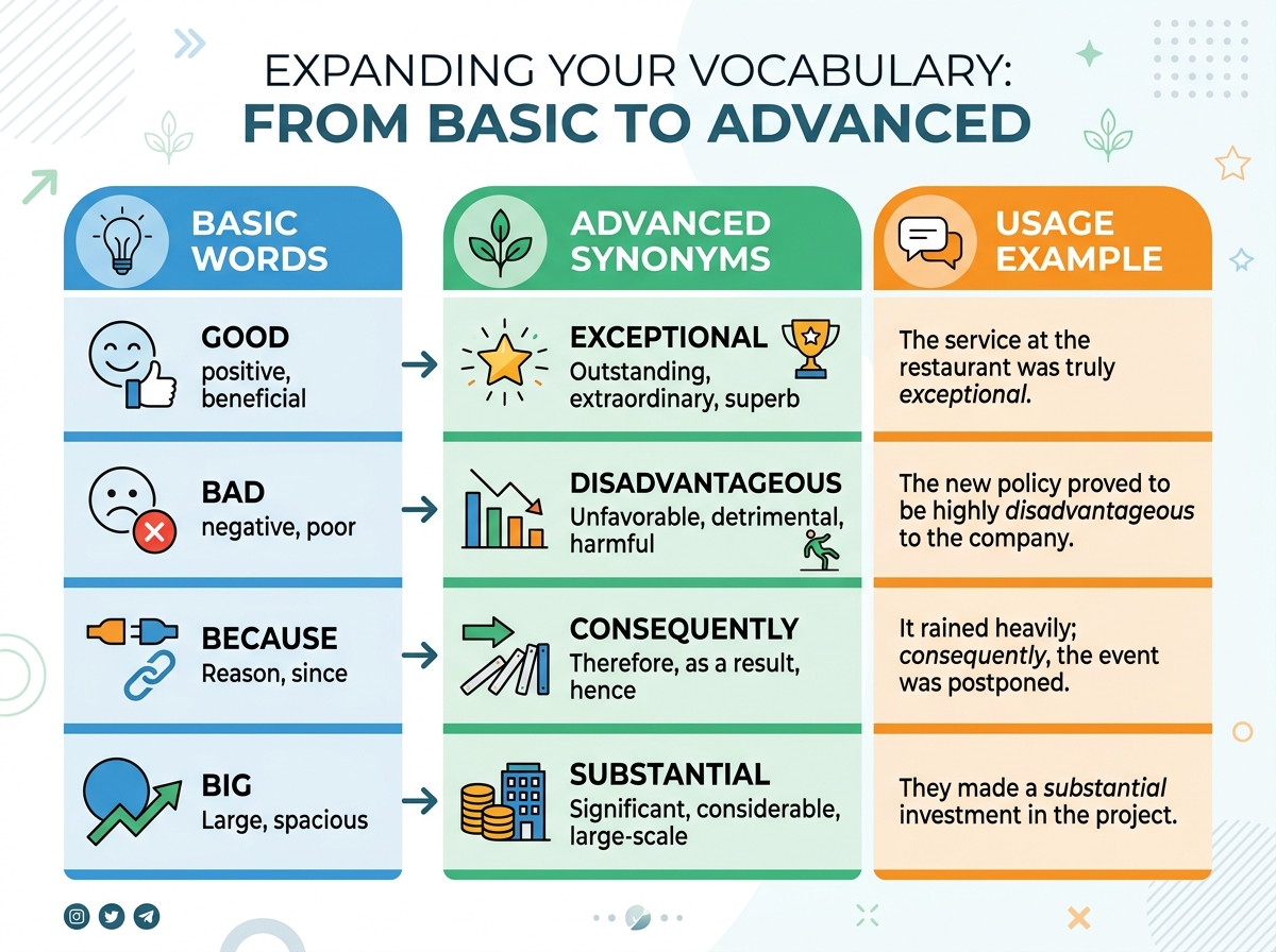 An infographic diagram comparing basic English words like good, bad, because with advanced synonyms like exceptional, disadvantageous, consequently, clean flat design style