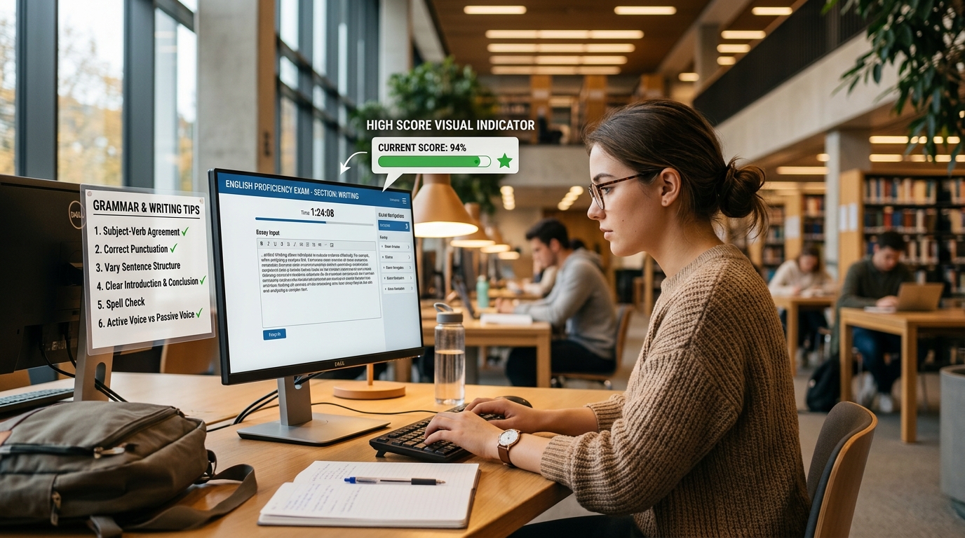 A student focused on writing an English exam on a computer screen, with a checklist of grammar tips and a high score visual indicator, modern library setting, warm and professional lighting